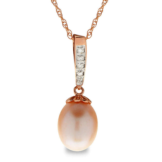 8.0 - 8.5mm Oval Pink Cultured Freshwater Pearl and Natural Diamond Accent Pendant in 14K Rose Gold