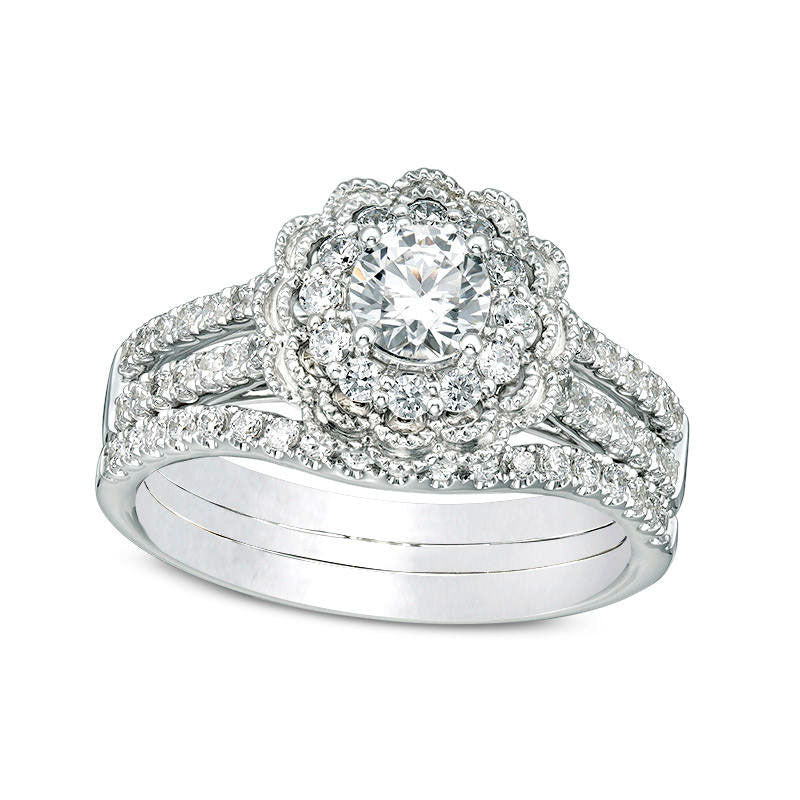 1.25 CT. T.W. Natural Diamond Flower Frame Antique Vintage-Style Bridal Engagement Ring Set in Solid 10K White Gold