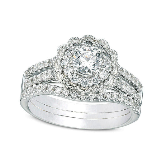 1.25 CT. T.W. Natural Diamond Flower Frame Antique Vintage-Style Bridal Engagement Ring Set in Solid 10K White Gold