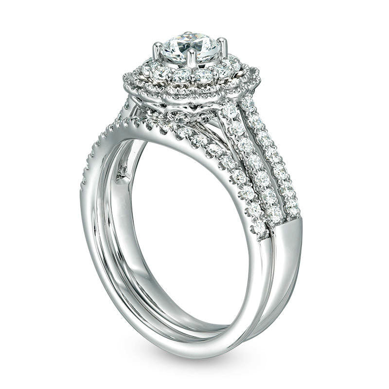 1.25 CT. T.W. Natural Diamond Flower Frame Antique Vintage-Style Bridal Engagement Ring Set in Solid 10K White Gold