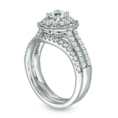 1.25 CT. T.W. Natural Diamond Flower Frame Antique Vintage-Style Bridal Engagement Ring Set in Solid 10K White Gold