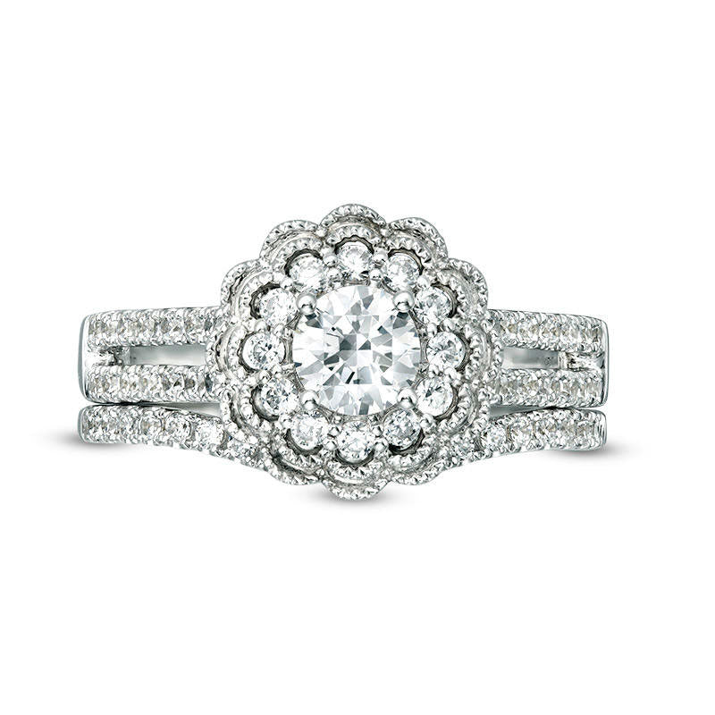 1.25 CT. T.W. Natural Diamond Flower Frame Antique Vintage-Style Bridal Engagement Ring Set in Solid 10K White Gold