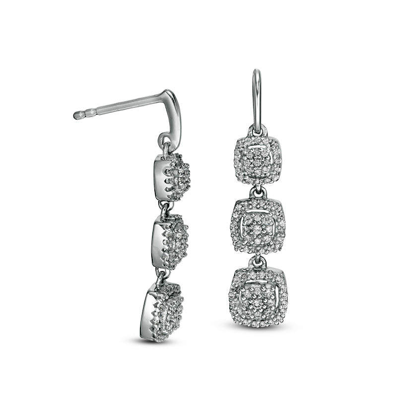 0.33 CT. T.W. Composite Diamond Three Stone Cushion Frame Drop Earrings in 10K White Gold