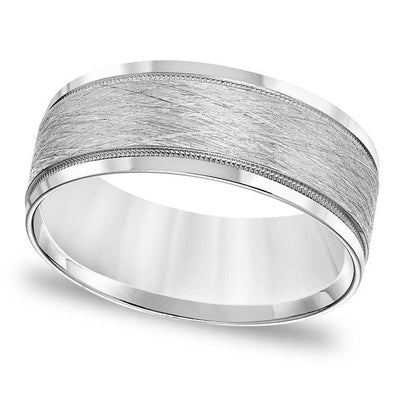 Men's 8.0mm Comfort-Fit Brushed Center Milgrain Wedding Band in Solid 14K White Gold