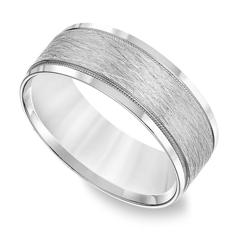 Men's 8.0mm Comfort-Fit Brushed Center Milgrain Wedding Band in Solid 14K White Gold