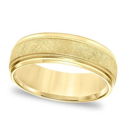 Men's 7.0mm Comfort-Fit Florentine Milgrain Wedding Band in Solid 14K Gold