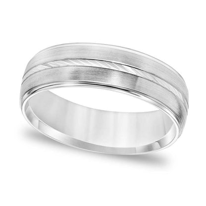 Men's 6.0mm Comfort-Fit Swiss-Cut Etched Center Brushed Wedding Band in Solid 14K White Gold