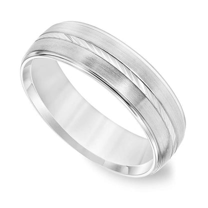 Men's 6.0mm Comfort-Fit Swiss-Cut Etched Center Brushed Wedding Band in Solid 14K White Gold