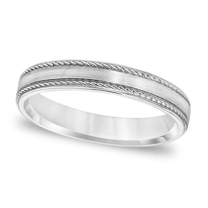 Men's 4.0mm Comfort-Fit Brushed Center Rope Edge Wedding Band in Solid 14K White Gold