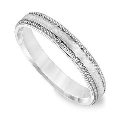 Men's 4.0mm Comfort-Fit Brushed Center Rope Edge Wedding Band in Solid 14K White Gold