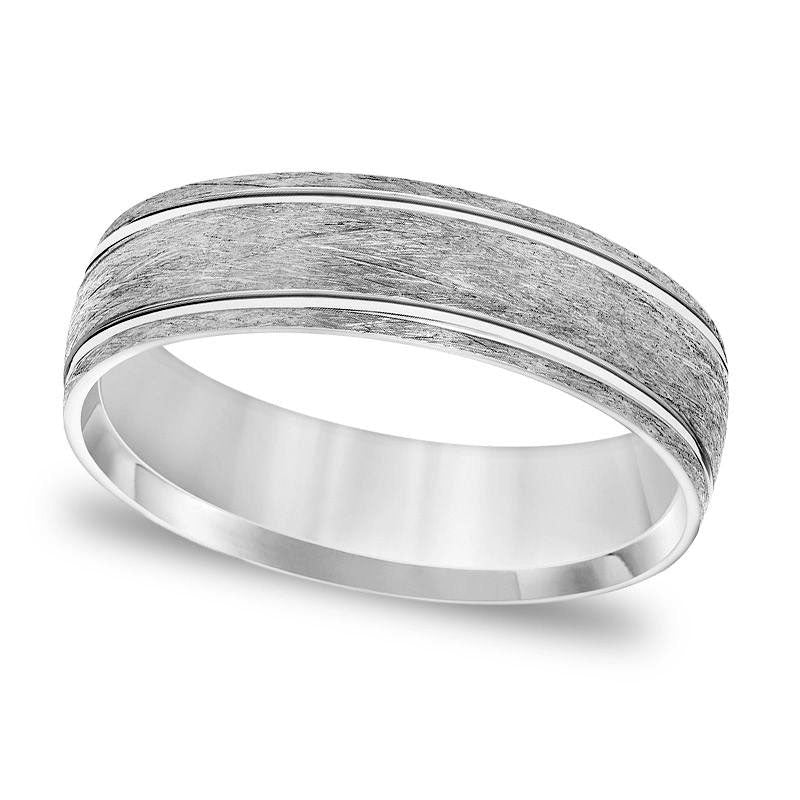 Men's 6.0mm Comfort-Fit Brushed Wire-Textured Grooved Wedding Band in Solid 14K White Gold