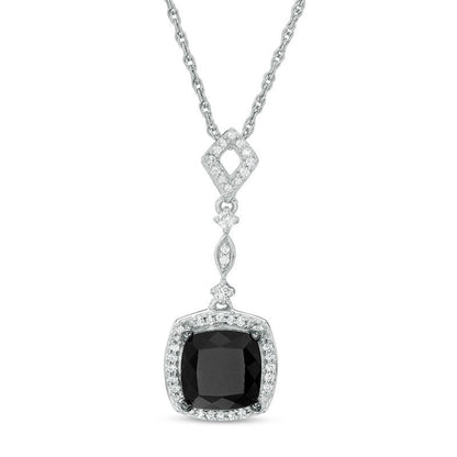 Cushion-Cut Lab-Created Black Sapphire and 0.1 CT. T.W. Diamond Frame Antique Vintage-Style Drop Pendant in Sterling Silver