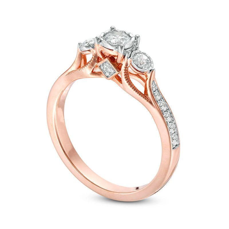 0.50 CT. T.W. Natural Diamond Three Stone Antique Vintage-Style Engagement Ring in Solid 14K Rose Gold - Size 7