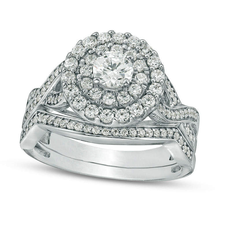 1.0 CT. T.W. Natural Diamond Double Frame Twist Bridal Engagement Ring Set in Solid 10K White Gold