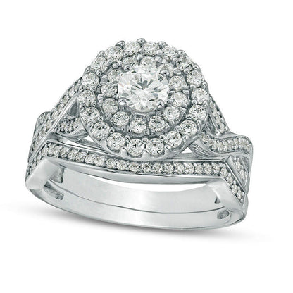 1.0 CT. T.W. Natural Diamond Double Frame Twist Bridal Engagement Ring Set in Solid 10K White Gold