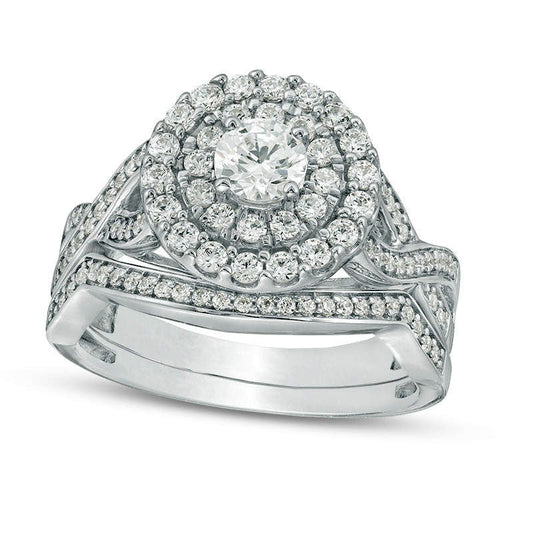 1.0 CT. T.W. Natural Diamond Double Frame Twist Bridal Engagement Ring Set in Solid 10K White Gold