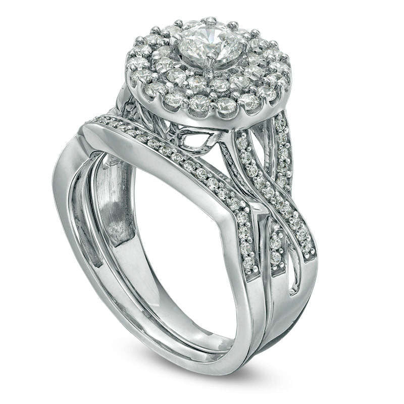 1.0 CT. T.W. Natural Diamond Double Frame Twist Bridal Engagement Ring Set in Solid 10K White Gold
