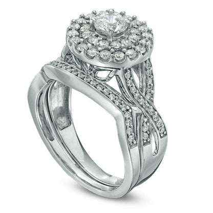 1.0 CT. T.W. Natural Diamond Double Frame Twist Bridal Engagement Ring Set in Solid 10K White Gold