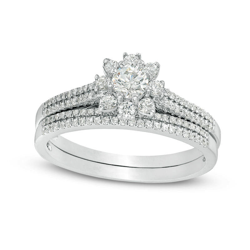 0.50 CT. T.W. Natural Diamond Flower Frame Bridal Engagement Ring Set in Solid 10K White Gold