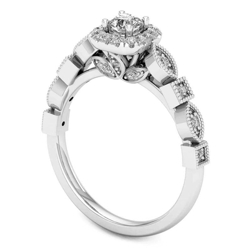 0.38 CT. T.W. Natural Diamond Cushion Frame Alternating Antique Vintage-Style Engagement Ring in Solid 14K White Gold