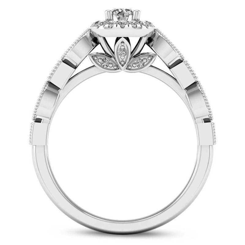 0.38 CT. T.W. Natural Diamond Cushion Frame Alternating Antique Vintage-Style Engagement Ring in Solid 14K White Gold
