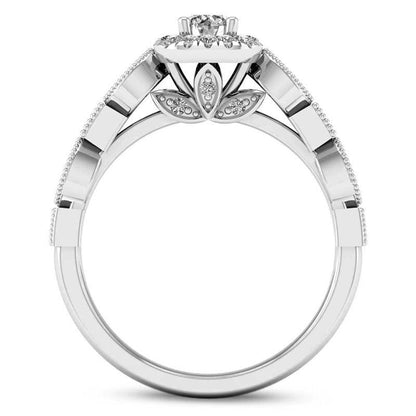 0.38 CT. T.W. Natural Diamond Cushion Frame Alternating Antique Vintage-Style Engagement Ring in Solid 14K White Gold
