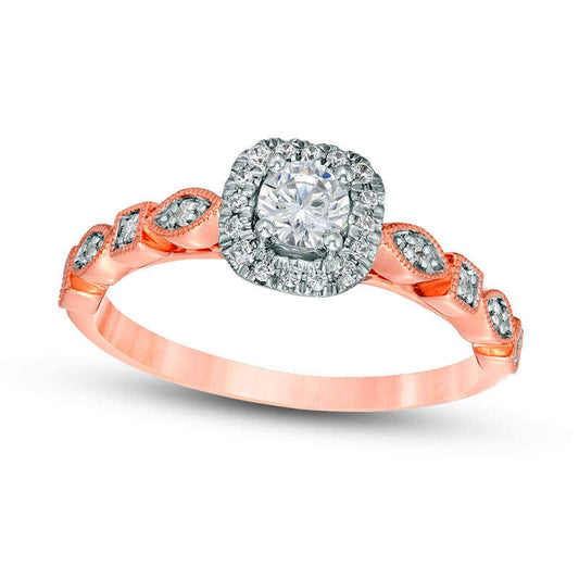 0.38 CT. T.W. Natural Diamond Cushion Frame Alternating Antique Vintage-Style Engagement Ring in Solid 14K Rose Gold