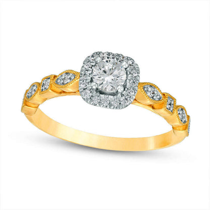 0.38 CT. T.W. Natural Diamond Cushion Frame Alternating Antique Vintage-Style Engagement Ring in Solid 14K Gold