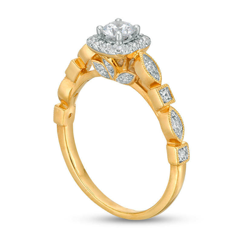 0.38 CT. T.W. Natural Diamond Cushion Frame Alternating Antique Vintage-Style Engagement Ring in Solid 14K Gold