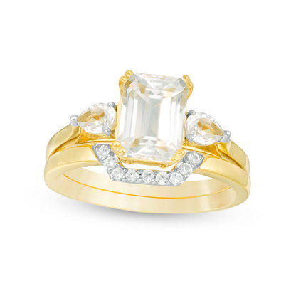 Emerald-Cut Lab-Created White Sapphire Three Stone Geometric Bridal Engagement Ring Set in Sterling Silver with Solid 14K Gold Plate