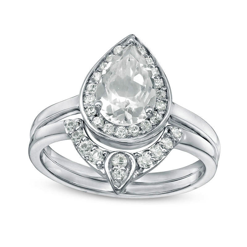 Pear-Shaped Lab-Created White Sapphire and 0.13 CT. T.W. Diamond Frame Bridal Engagement Ring Set in Sterling Silver