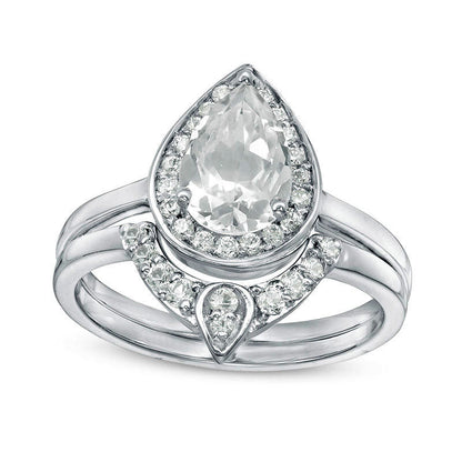 Pear-Shaped Lab-Created White Sapphire and 0.13 CT. T.W. Diamond Frame Bridal Engagement Ring Set in Sterling Silver