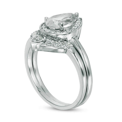 Pear-Shaped Lab-Created White Sapphire and 0.13 CT. T.W. Diamond Frame Bridal Engagement Ring Set in Sterling Silver