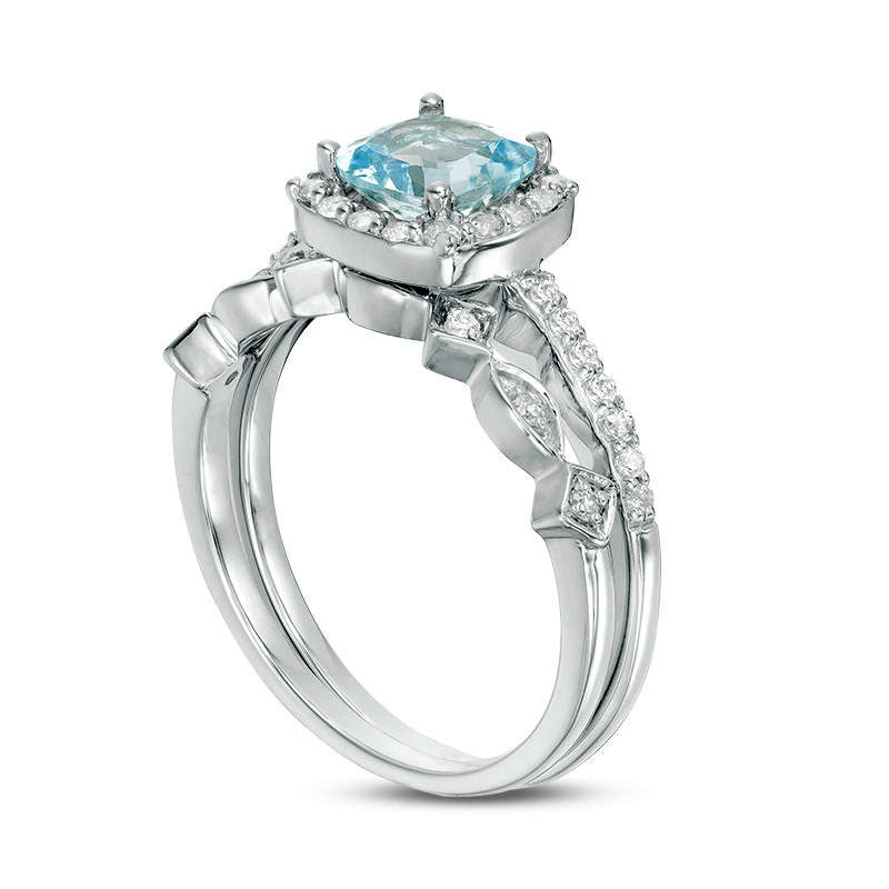 6.0mm Cushion-Cut Aquamarine and 0.20 CT. T.W. Natural Diamond Frame Art Deco Bridal Engagement Ring Set in Solid 10K White Gold