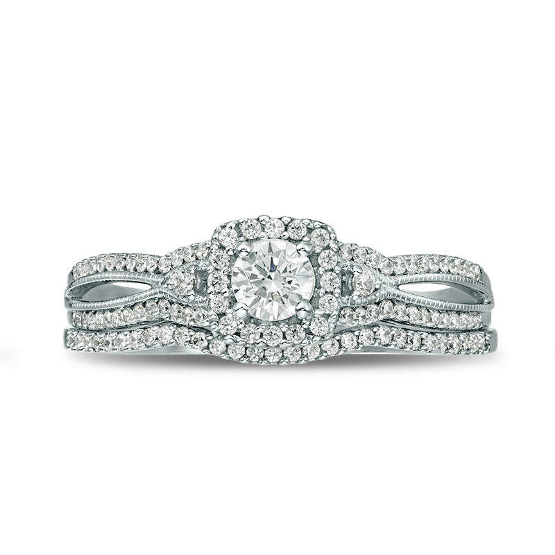 0.50 CT. T.W. Natural Diamond Square Frame Antique Vintage-Style Bridal Engagement Ring Set in Solid 10K White Gold