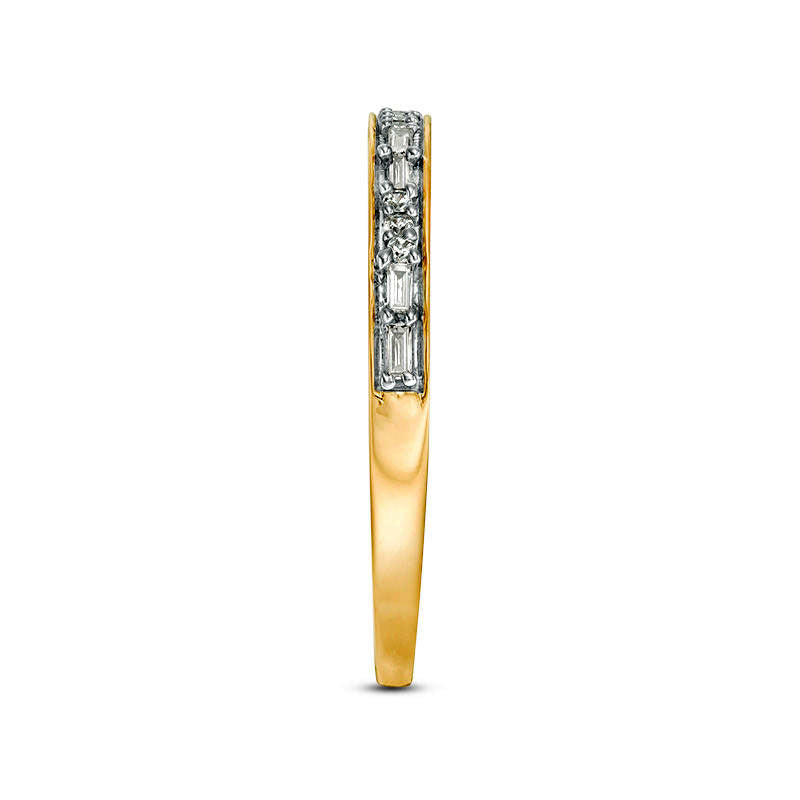 0.13 CT. T.W. Baguette and Round Natural Diamond Two Stone Alternating Stackable Band in Solid 10K Yellow Gold