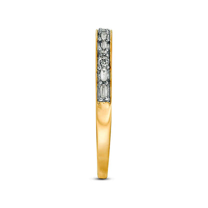 0.13 CT. T.W. Baguette and Round Natural Diamond Two Stone Alternating Stackable Band in Solid 10K Yellow Gold