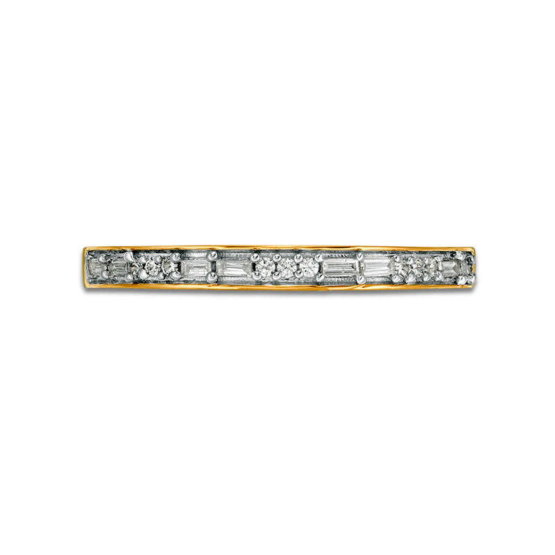 0.13 CT. T.W. Baguette and Round Natural Diamond Two Stone Alternating Stackable Band in Solid 10K Yellow Gold