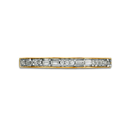 0.13 CT. T.W. Baguette and Round Natural Diamond Two Stone Alternating Stackable Band in Solid 10K Yellow Gold