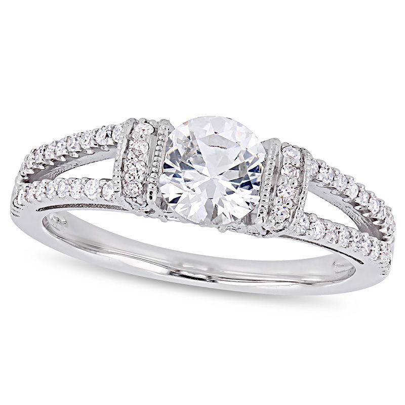 6.0mm Lab-Created White Sapphire and 0.33 CT. T.W. Diamond Collar Antique Vintage-Style Engagement Ring in Solid 10K White Gold