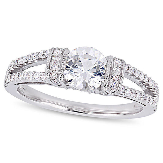 6.0mm Lab-Created White Sapphire and 0.33 CT. T.W. Diamond Collar Antique Vintage-Style Engagement Ring in Solid 10K White Gold