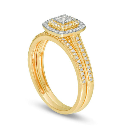 0.33 CT. T.W. Composite Natural Diamond Double Cushion Frame Antique Vintage-Style Bridal Engagement Ring Set in Solid 10K Yellow Gold