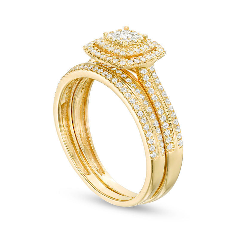 0.50 CT. T.W. Composite Natural Diamond Double Cushion Frame Bridal Engagement Ring Set in Solid 10K Yellow Gold