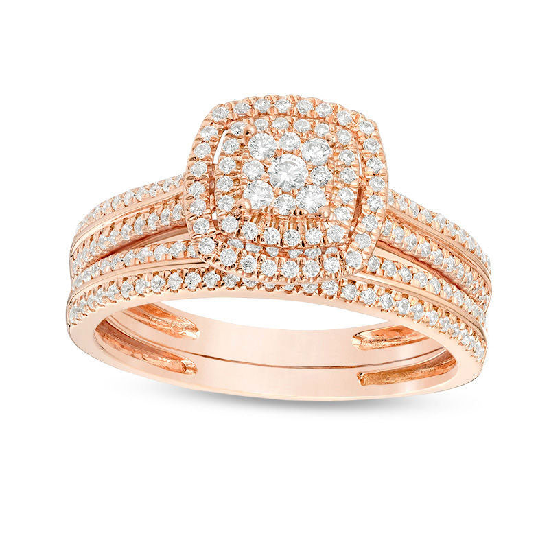 0.50 CT. T.W. Composite Natural Diamond Double Cushion Frame Bridal Engagement Ring Set in Solid 10K Rose Gold