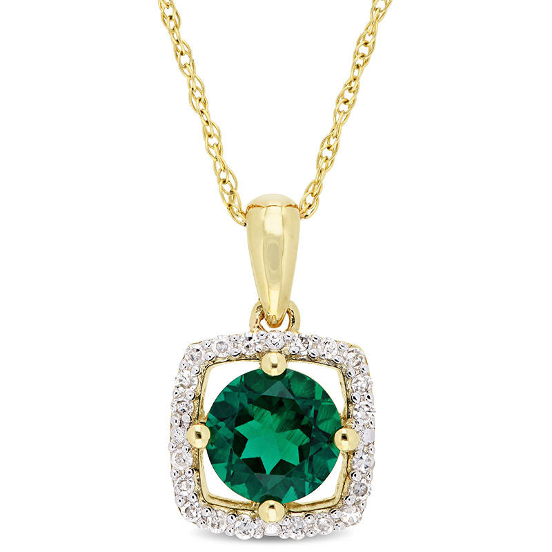 6.0mm Lab-Created Emerald and 0.1 CT. T.W. Diamond Cushion Frame Pendant in 10K Yellow Gold - 17"
