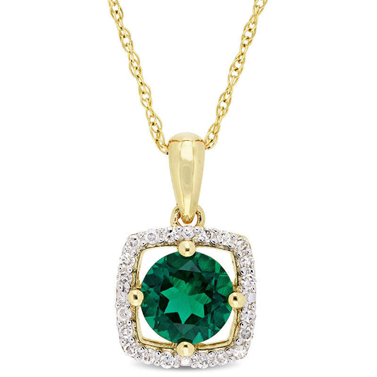 6.0mm Lab-Created Emerald and 0.1 CT. T.W. Diamond Cushion Frame Pendant in 10K Yellow Gold - 17"