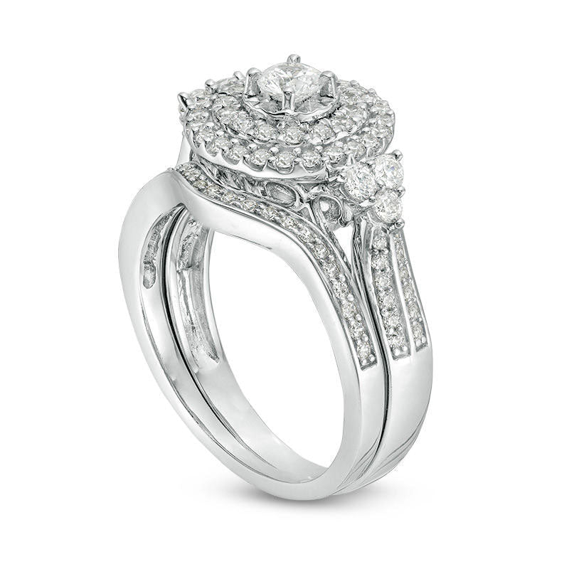 1.0 CT. T.W. Natural Diamond Double Frame Tri-Sides Bridal Engagement Ring Set in Solid 10K White Gold