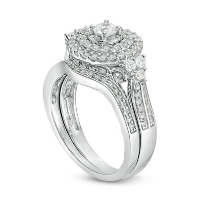 1.0 CT. T.W. Natural Diamond Double Frame Tri-Sides Bridal Engagement Ring Set in Solid 10K White Gold
