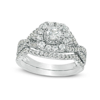 1.0 CT. T.W. Natural Diamond Frame Twist Bridal Engagement Ring Set in Solid 10K White Gold