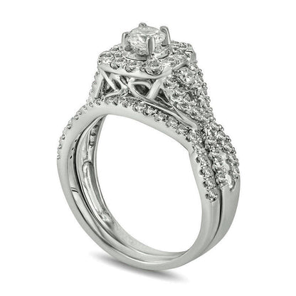 1.0 CT. T.W. Natural Diamond Frame Twist Bridal Engagement Ring Set in Solid 10K White Gold